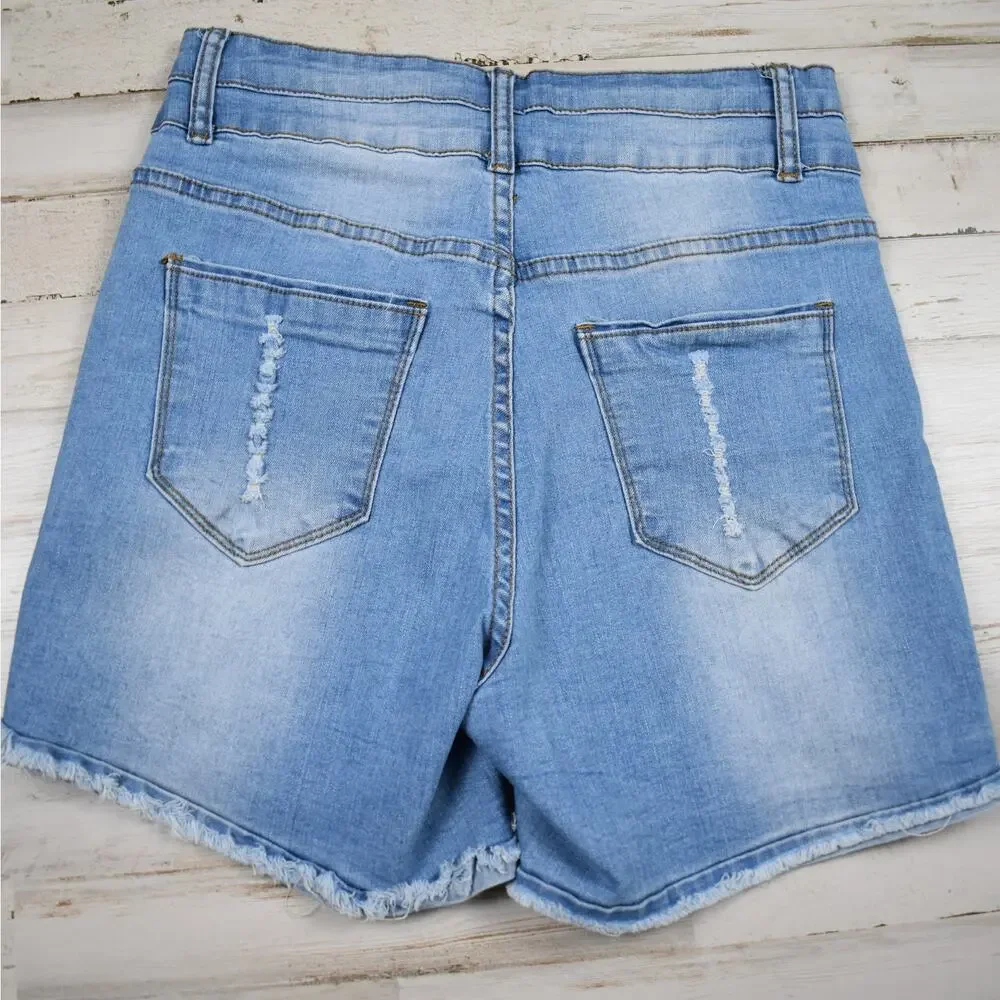 High Rise Distressed Denim Shorts Juniors M Blue Frayed Jean Cut Off Jorts Y2K